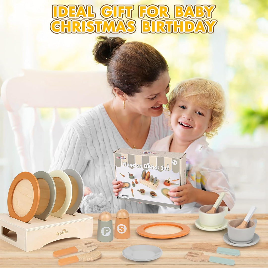 Wooden Play Dishes and Plates Set, 27 PCS Kitchen Accessories for Kids Pretend Play