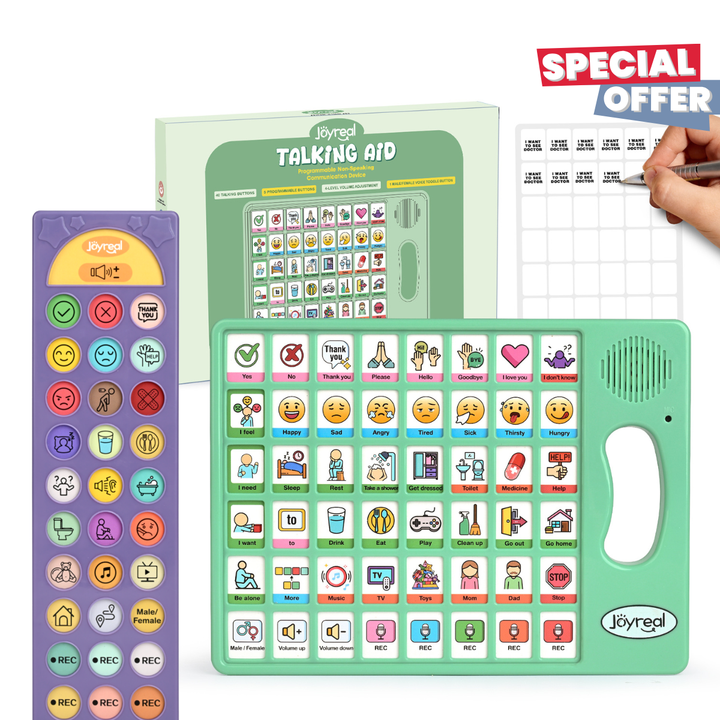 AAC speech device bundle with board, instruction cards, and carrying case