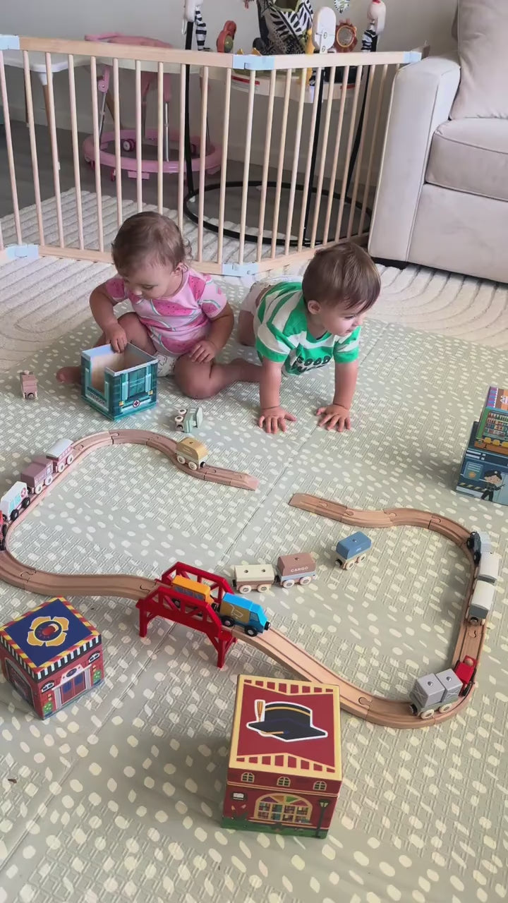 Wooden Train Tracks Car Toys Set for Toddlers - City Railway Adventure