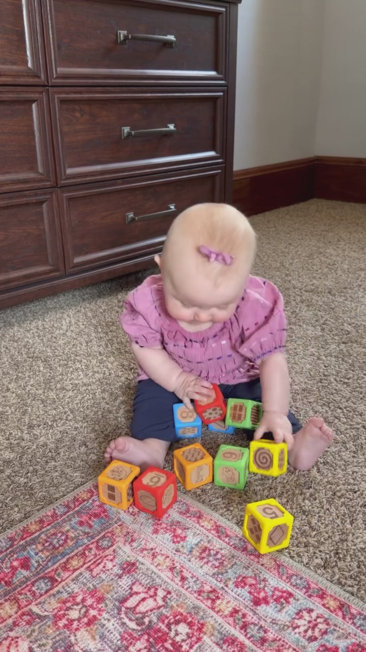 Silicone and wooden baby blocks product video for sensory play