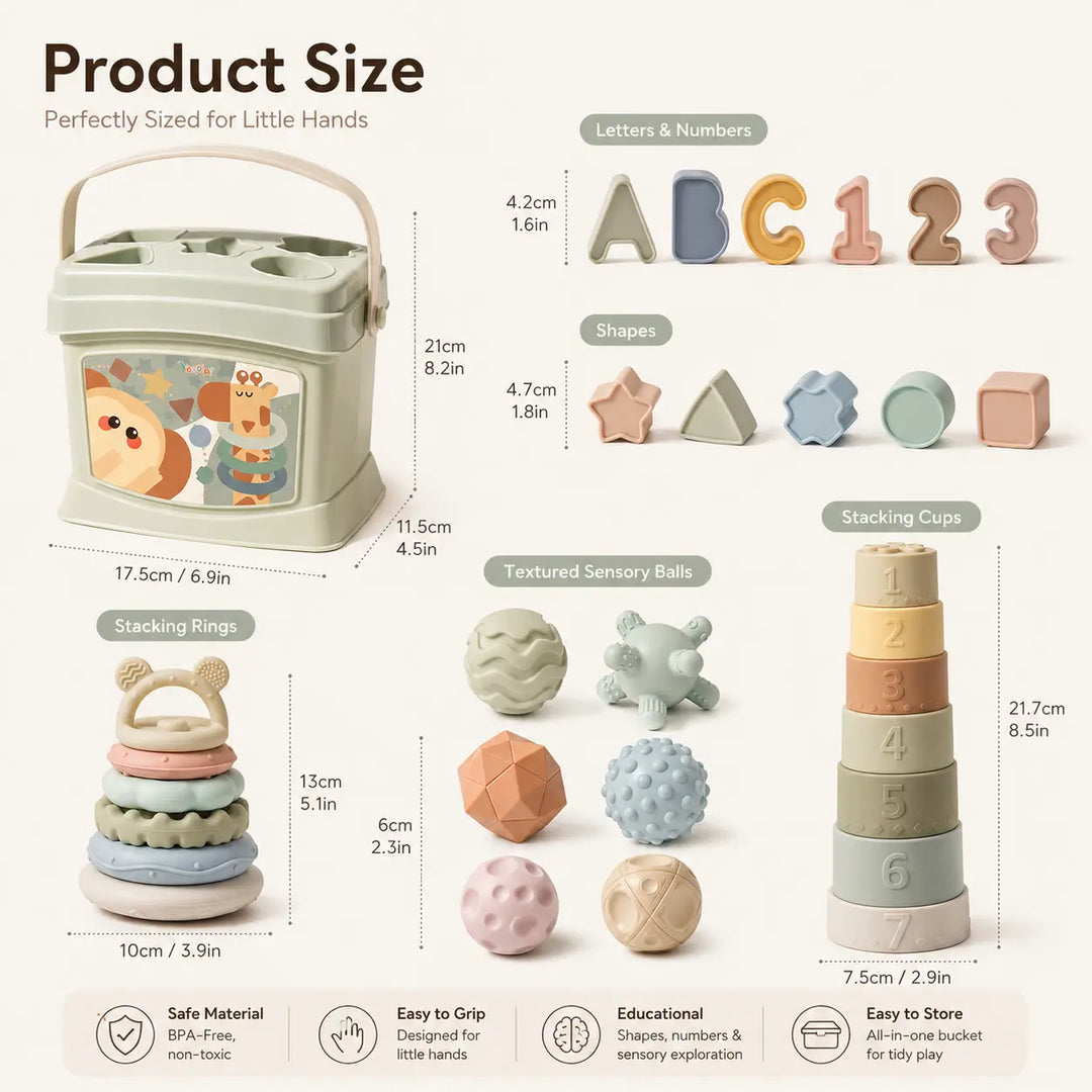 Silicone Montessori toy set with textured balls, stacking rings, numbers, and shape matching pieces
