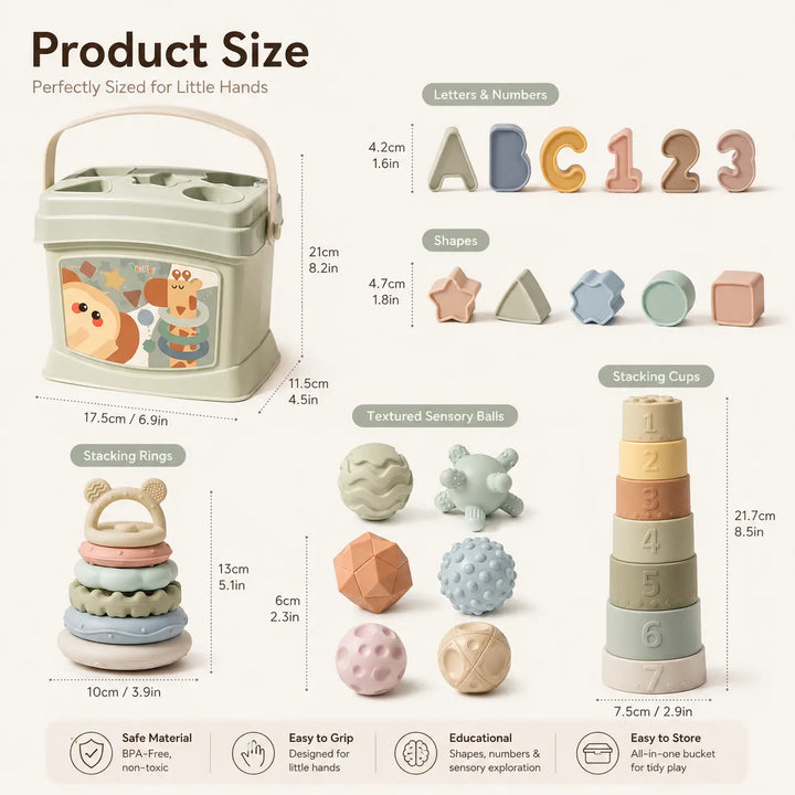 Silicone Montessori toy set with textured balls, stacking rings, numbers, and shape matching pieces
