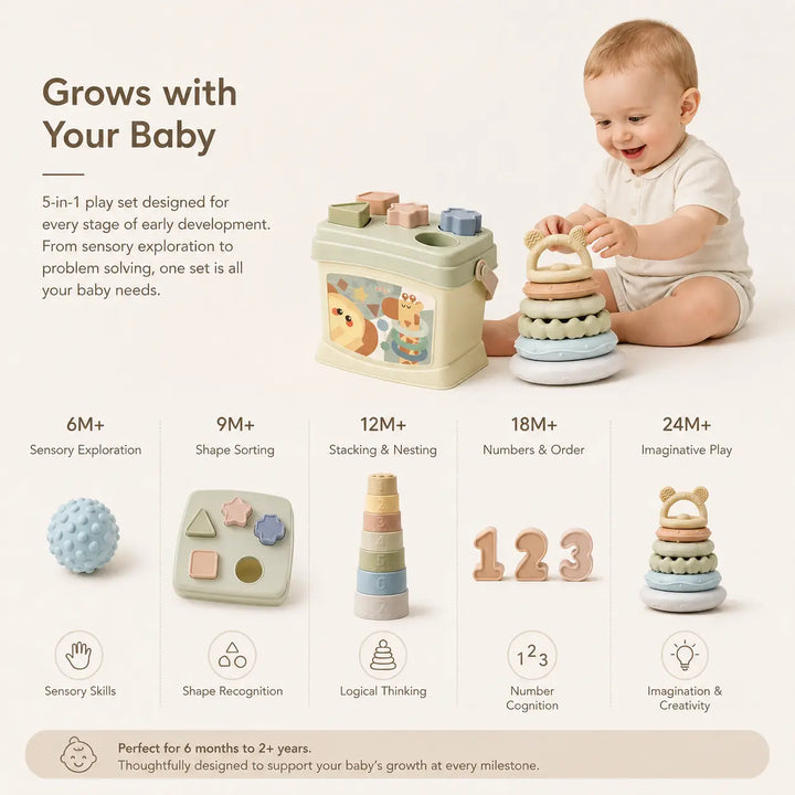 Baby playing with silicone sensory balls, stacking rings, numbered pieces, and shape sorter