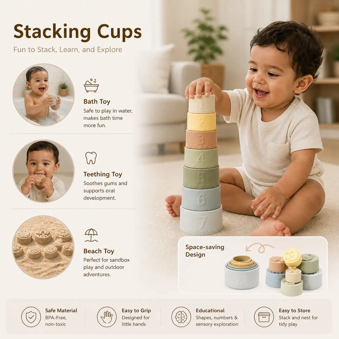 Toddler stacking silicone sensory cups beside textured balls and learning pieces