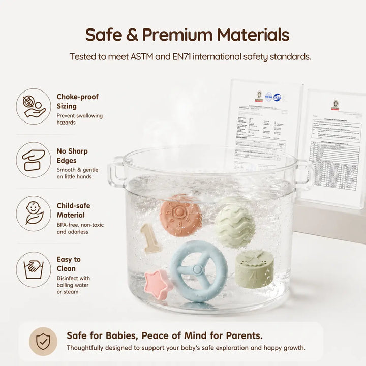 Silicone sensory toy set safety graphic referencing ASTM and EN71 standards