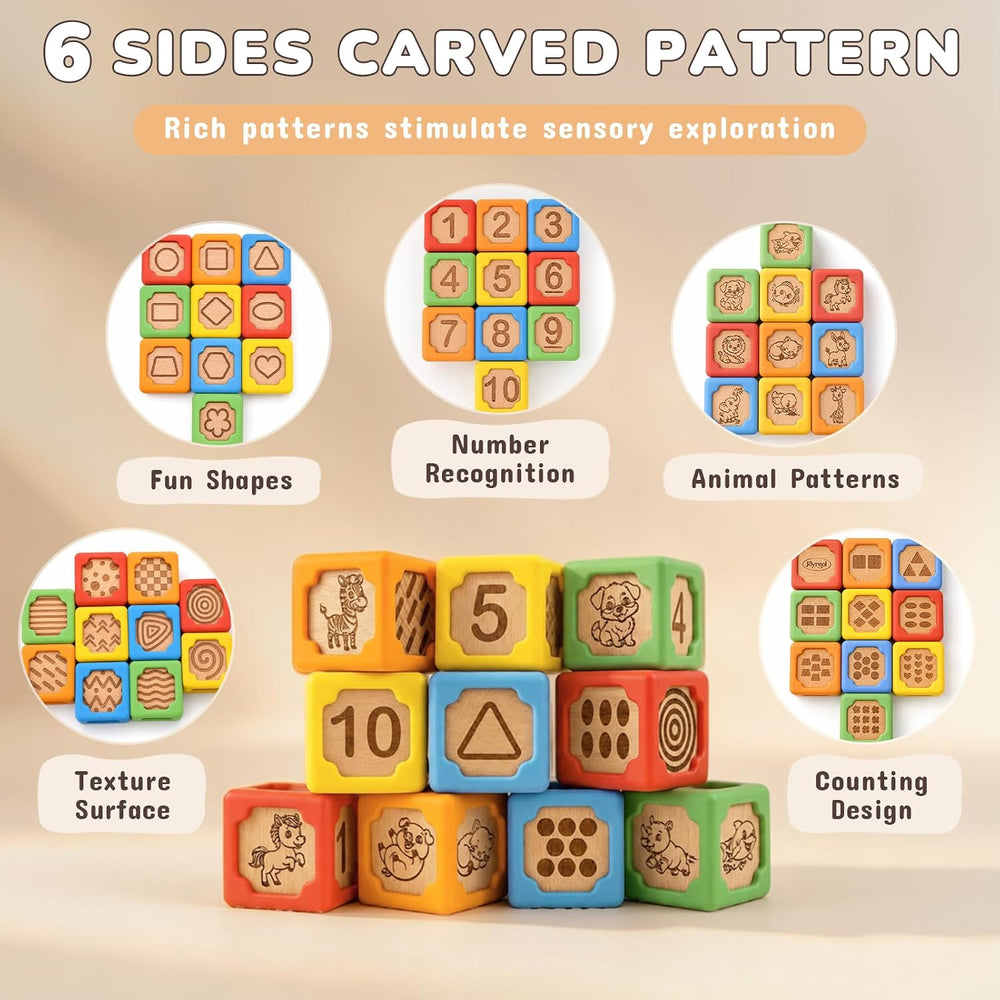 Colorful silicone and wooden baby stacking blocks set
