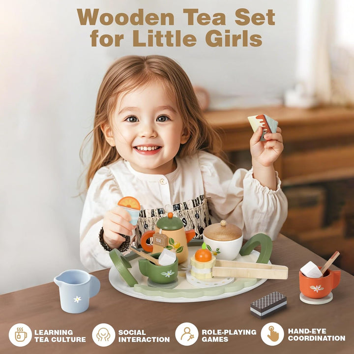 Wooden Tea Set for Toddlers – Pretend Play Kitchen & Party Toy for Kids