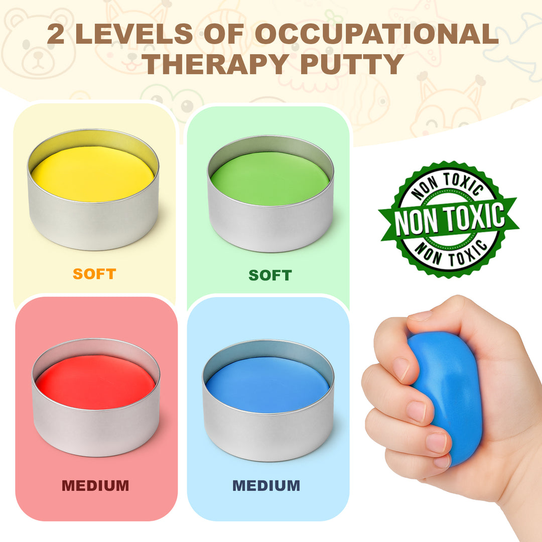 Four color options for occupational therapy putty shown in round metal containers: yellow labeled SOFT, green labeled SOFT, red labeled MEDIUM, and blue labeled MEDIUM. 