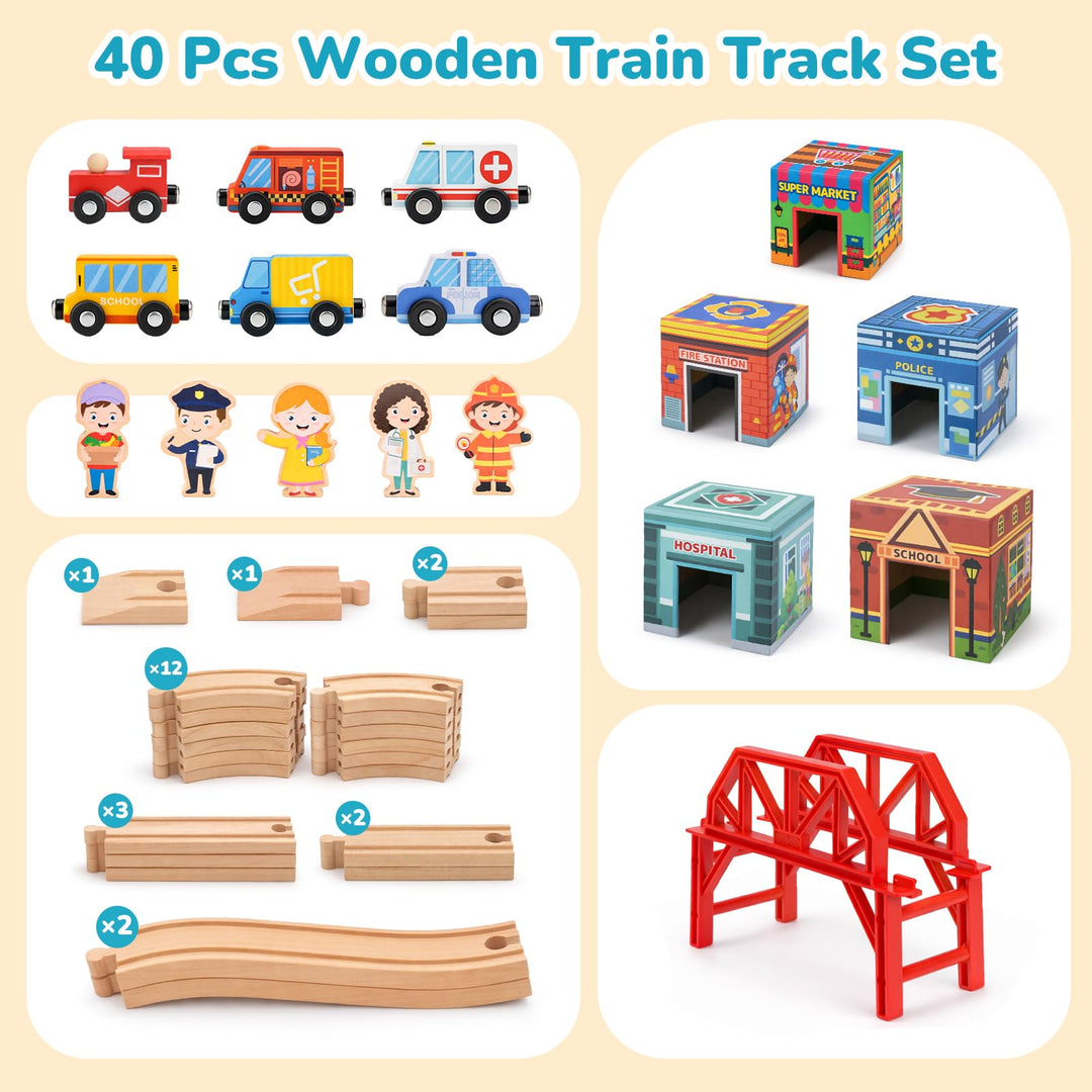 Toddlers playing with a wooden railway set and colorful city vehicles
