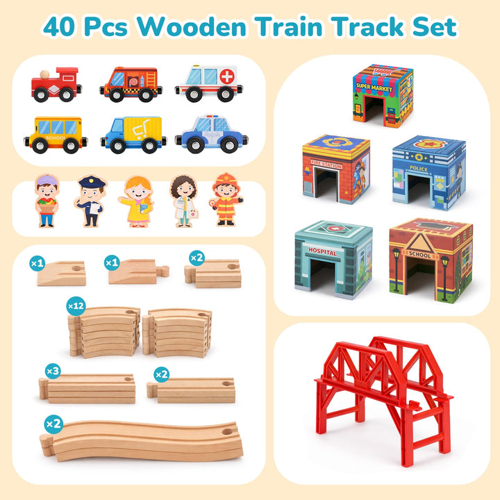 Toddlers playing with a wooden railway set and colorful city vehicles