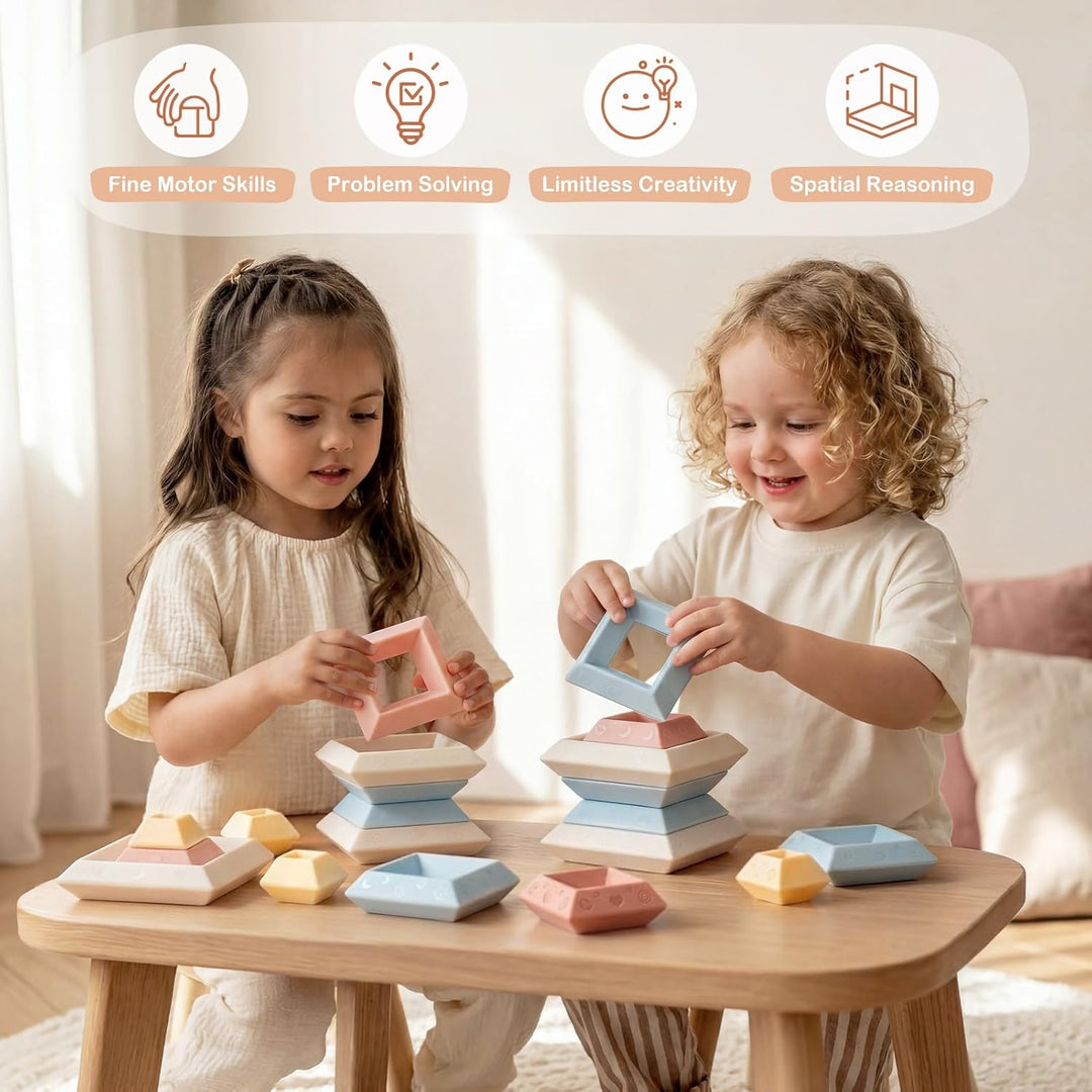 Toddler stacking blocks arranged by size and color