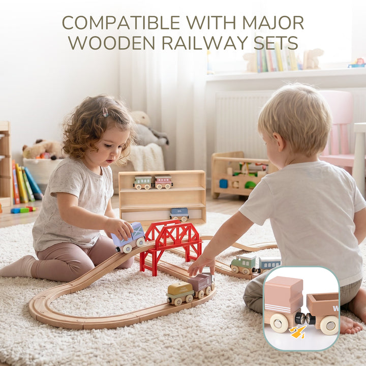 Wooden train cars compatible with major wooden railway track systems