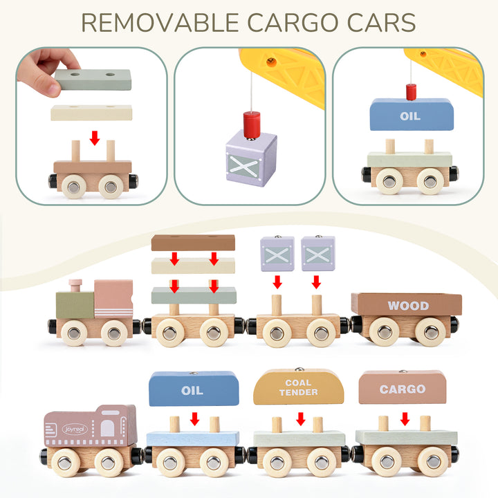 Wooden train cars with removable cargo pieces and magnetic connectors