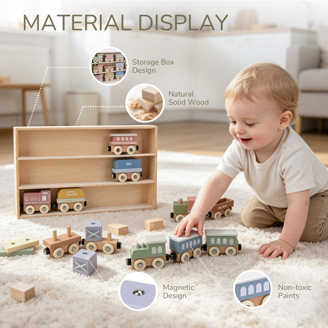 Child playing with wooden train cars beside a storage box