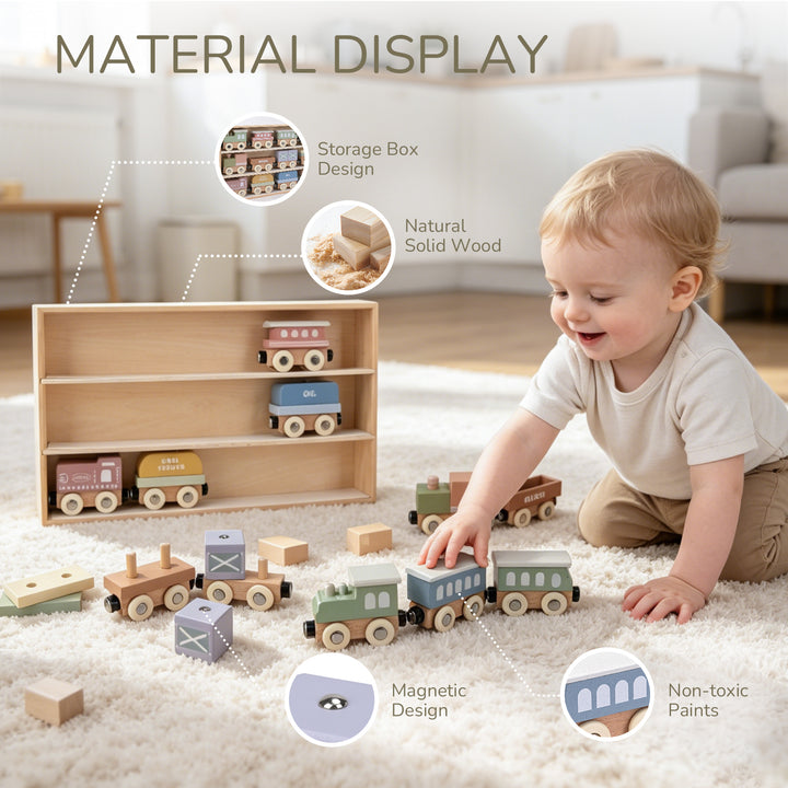 Child playing with wooden train cars beside a storage box