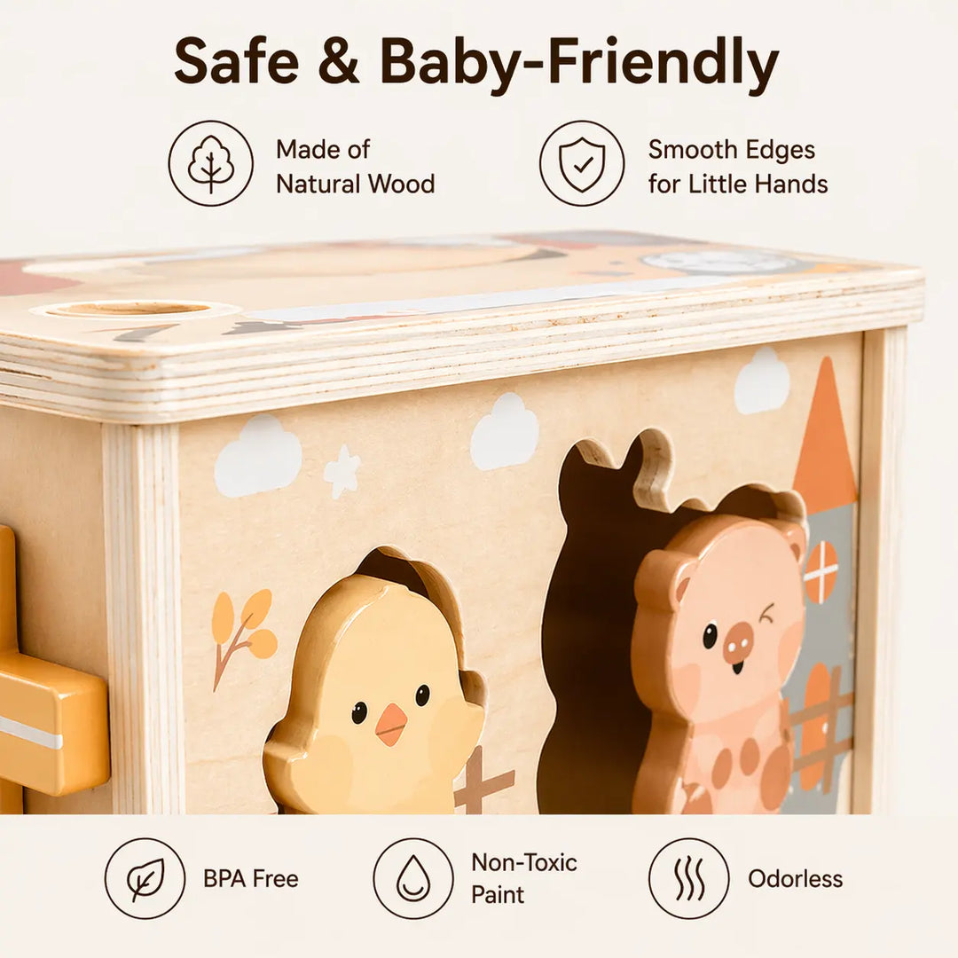Wooden activity cube with bear-shaped openings and smooth rounded edges