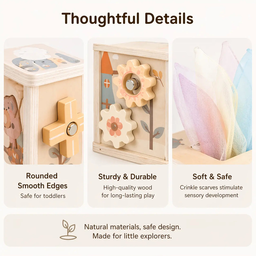 Wooden activity cube close-up showing gears, bead maze, tissue scarves, and rounded edges