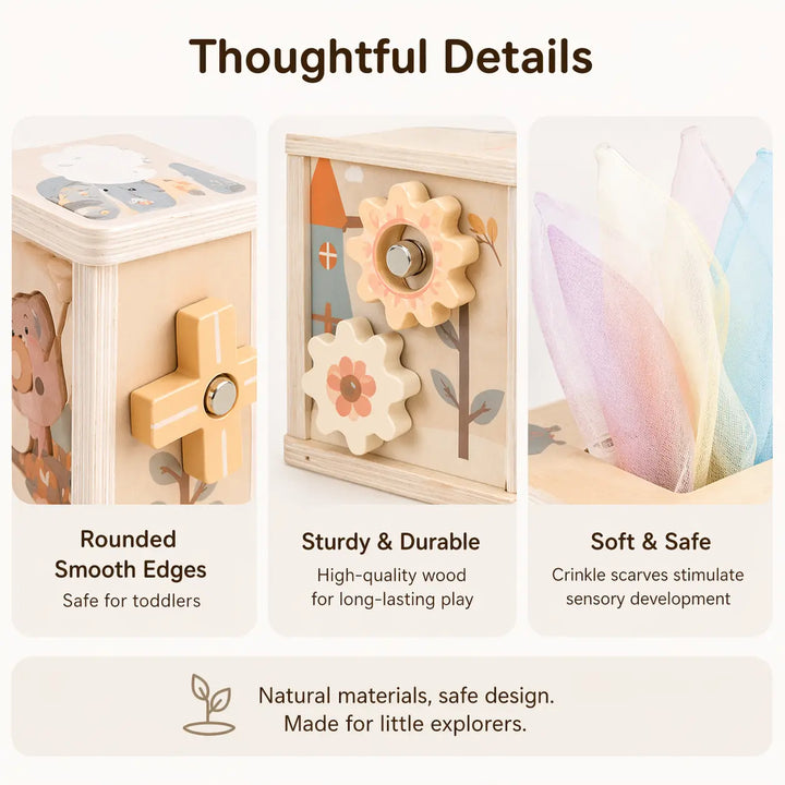 Wooden activity cube close-up showing gears, bead maze, tissue scarves, and rounded edges