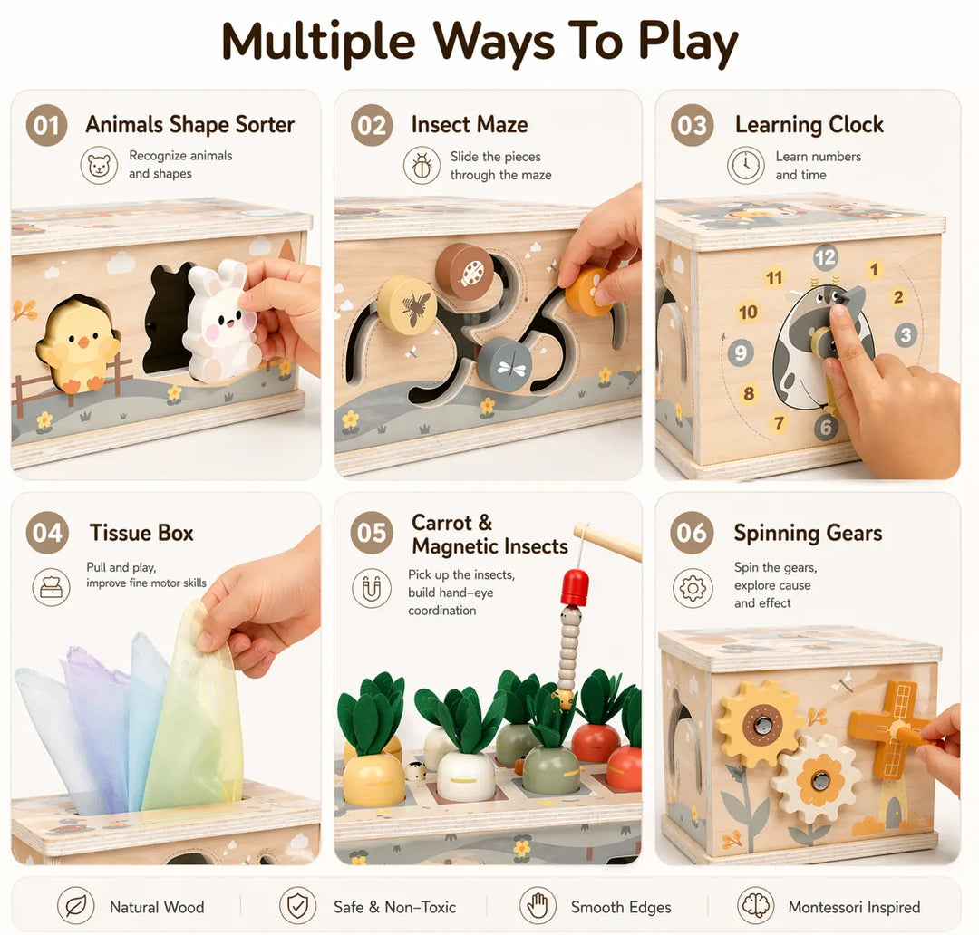 Wooden activity cube feature graphic showing shape sorting, maze, clock, tissue box, carrot play, and spinning gears