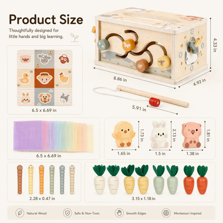 Wooden activity cube size guide with dimensions and included play pieces