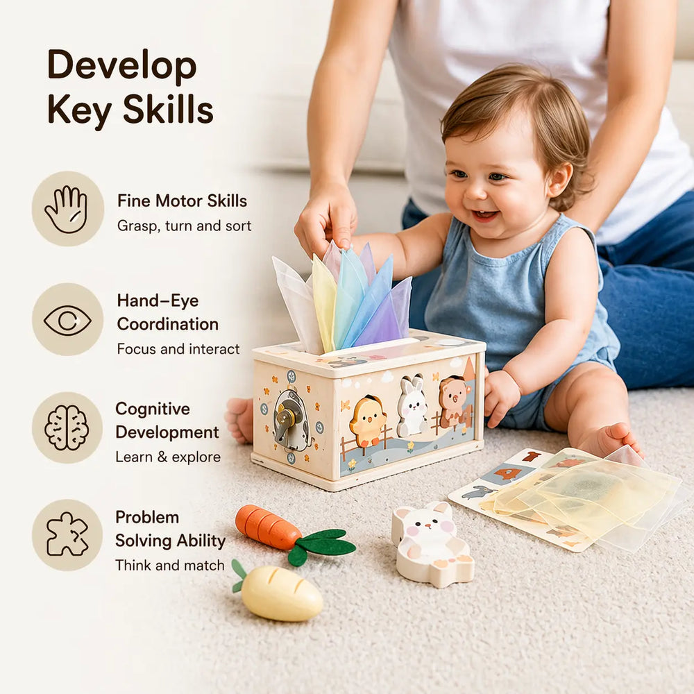 Toddler pulling colorful scarves from a wooden activity cube tissue box
