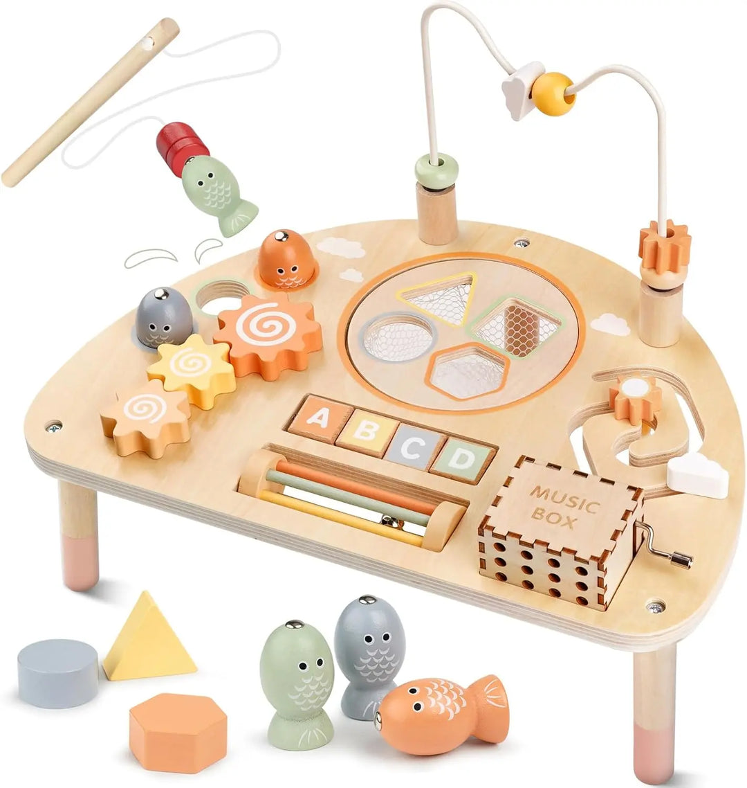 Wooden activity table with bead maze, fishing game, shape sorter, gears, and music panel
