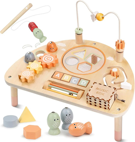 Wooden activity table with bead maze, fishing game, shape sorter, gears, and music panel