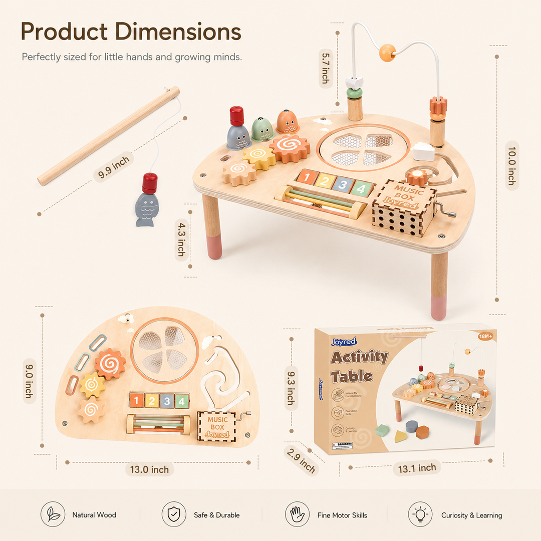 Wooden activity table size guide showing dimensions and included components