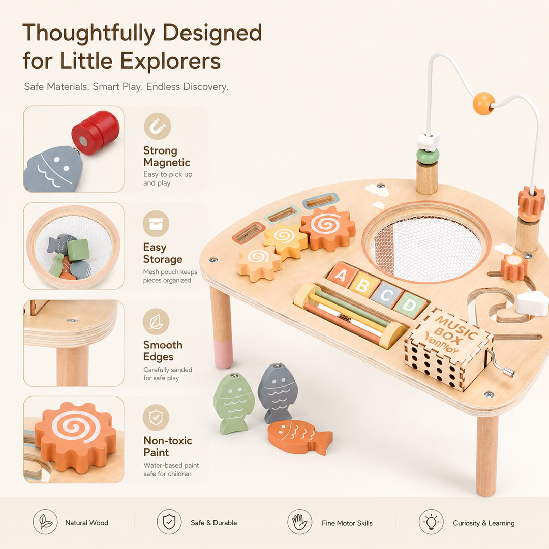 Wooden activity table showing gears, bead maze, and colorful learning pieces