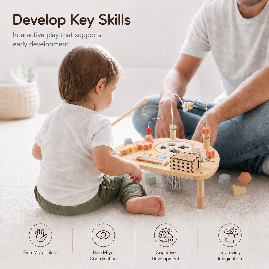 Wooden activity table with gears, beads, maze, and shape activities