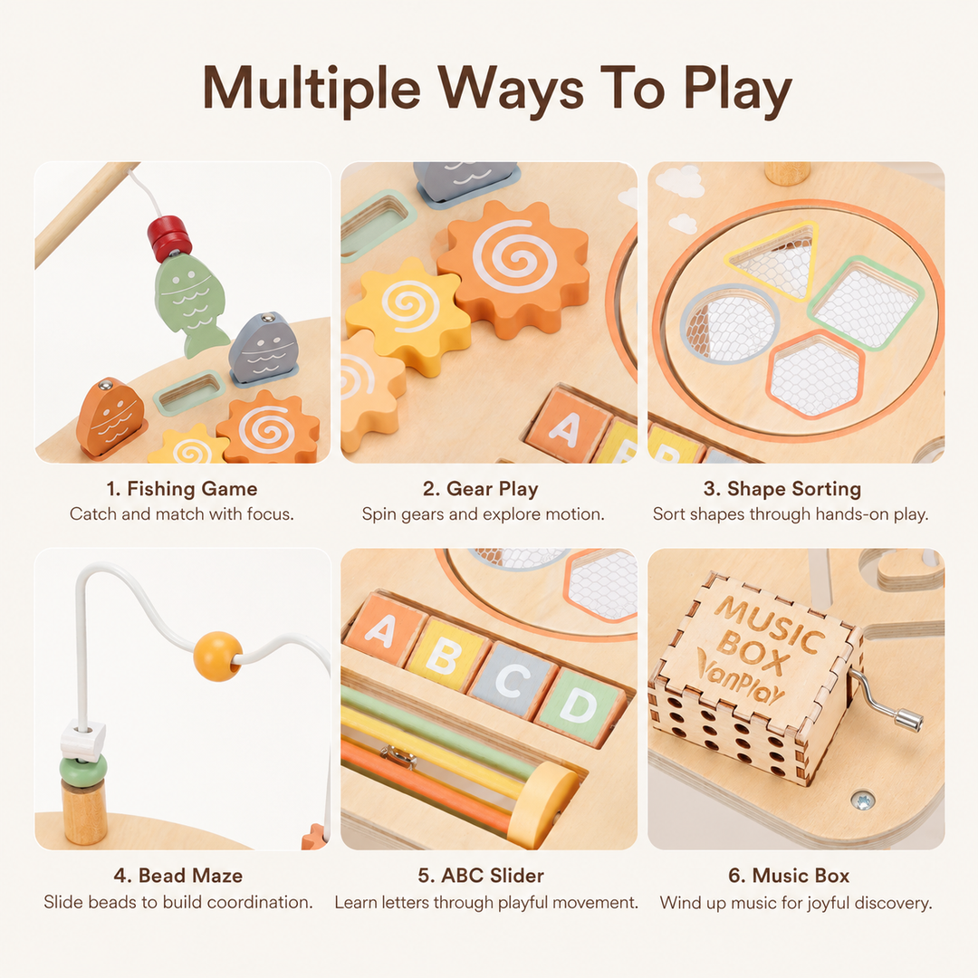 Wooden activity table feature graphic showing multiple ways to play
