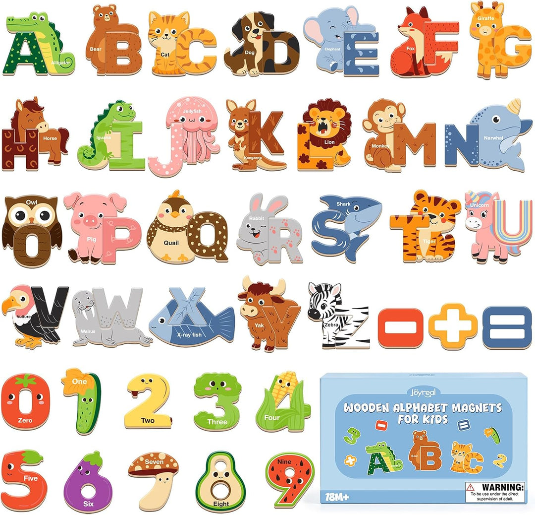 65-piece wooden alphabet and animal fridge magnet set