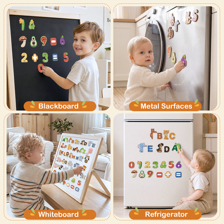 Wooden animal and letter magnets for refrigerator learning activities