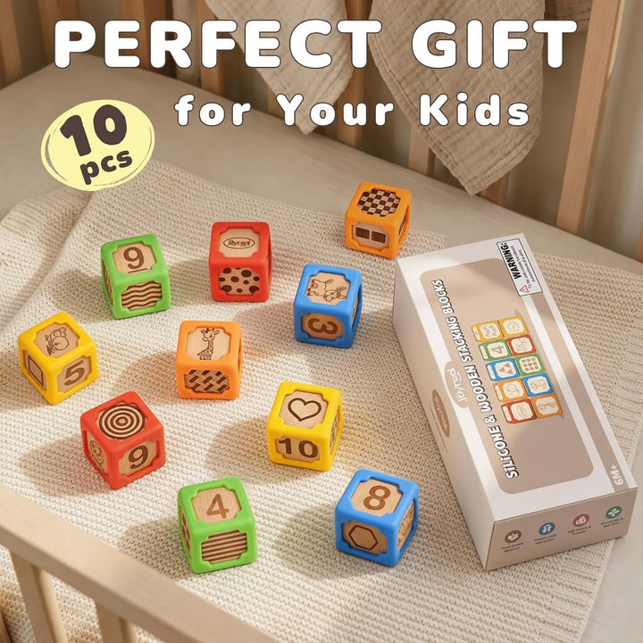 Wooden baby blocks with colorful silicone stacking pieces
