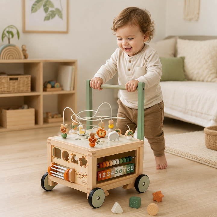 Wooden baby push walker with storage bin and activity board