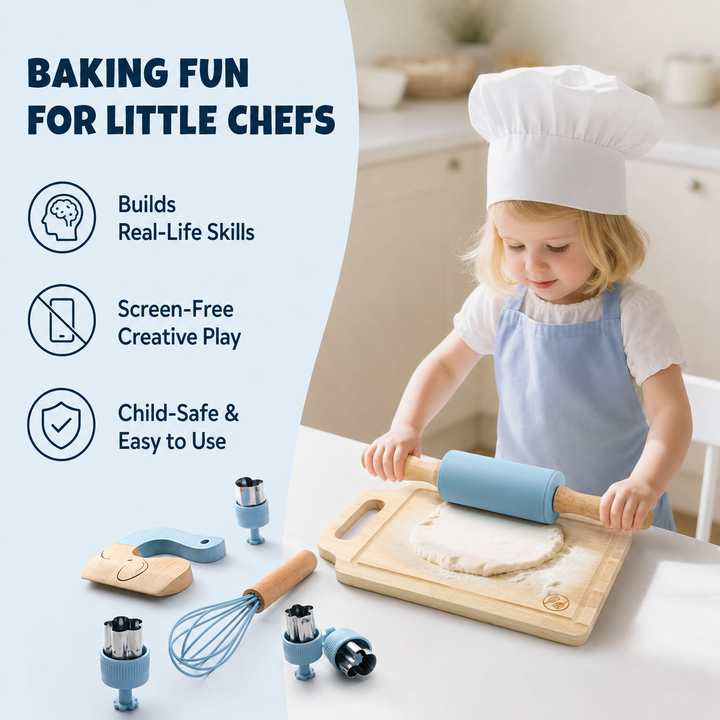 Wooden baking play set with rolling pin, whisk, bowls, and chef hat