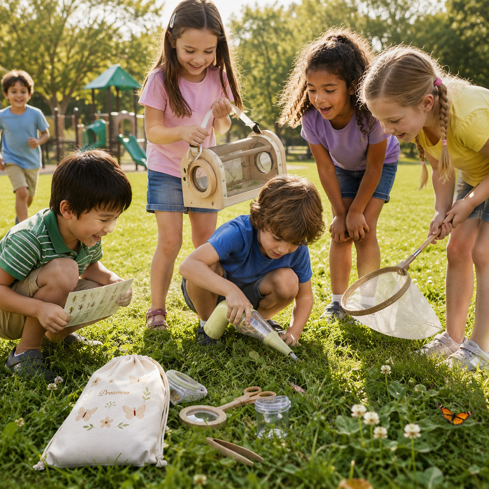 Children exploring a wooden bug catcher kit in the garden