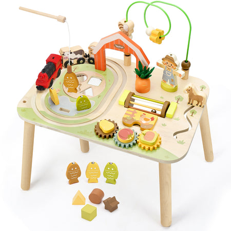 Wooden farm activity table with bead maze, gears, and animal play