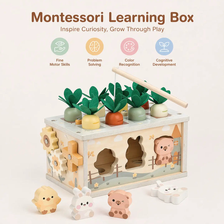 Wooden Montessori activity cube with carrot patch, shape sorter, clock, gears, and tissue box