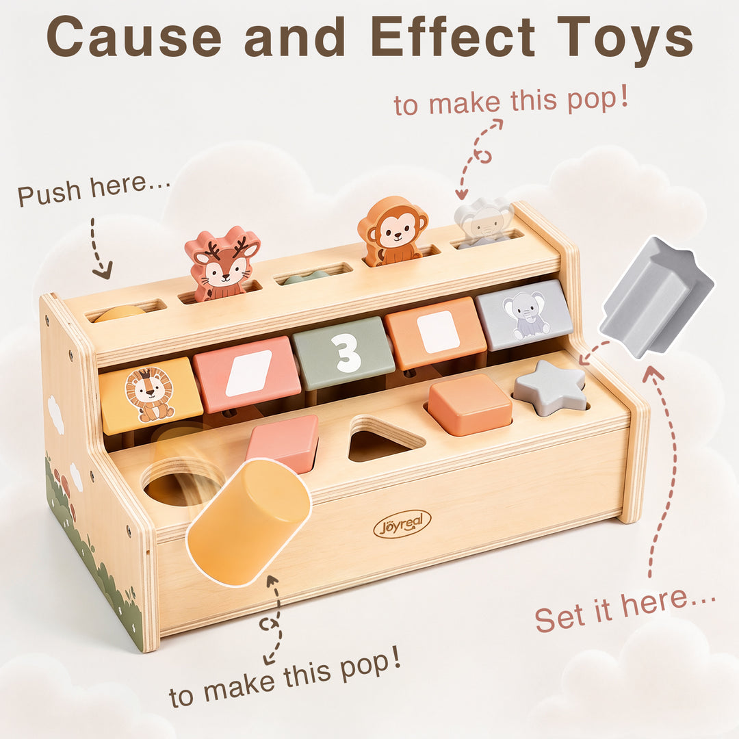 A wooden cause-and-effect toy box with colorful animal-shaped blocks and matching shape pieces, shown on a soft white cloud background with arrows and text explaining how to push and pop the pieces.