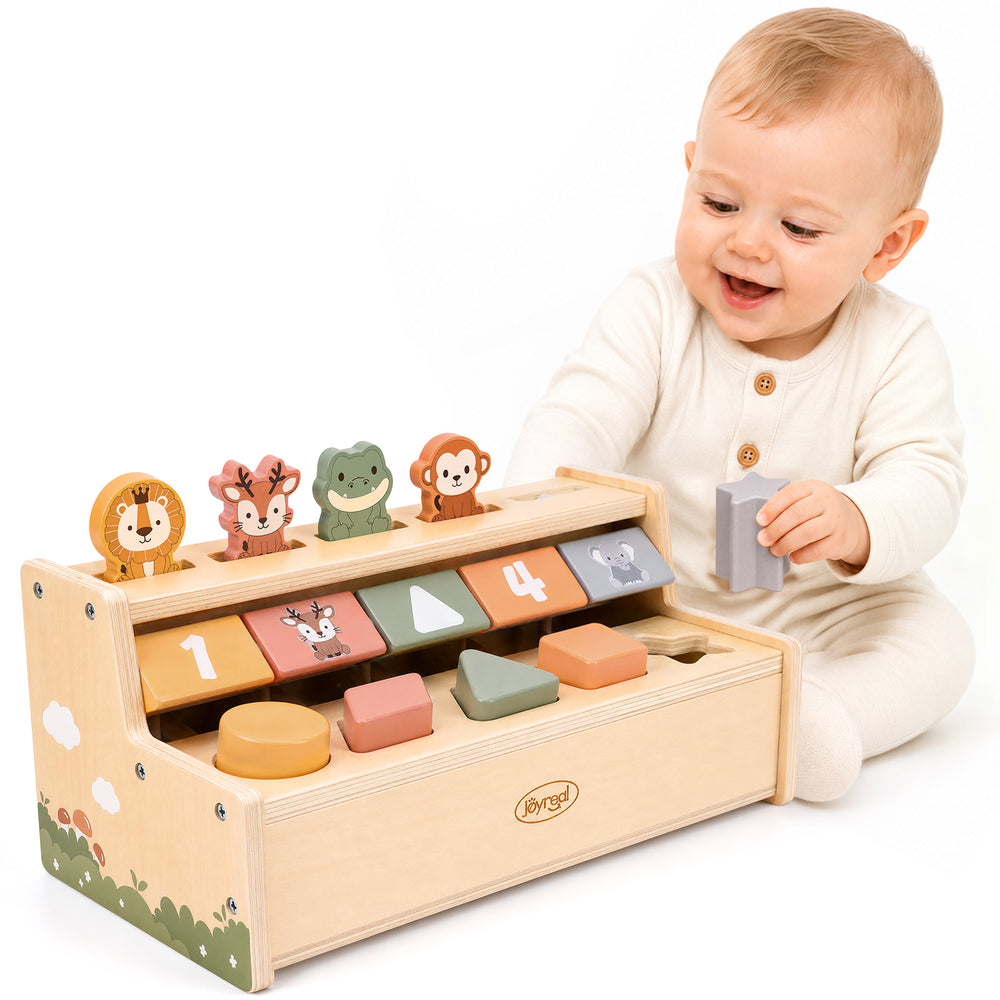 A baby in a cream onesie sits beside a wooden toy box with animal-shaped blocks and number/color shapes, holding a gray block on a clean white background.