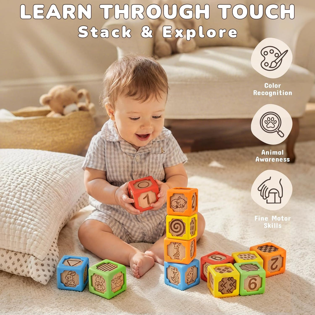 Wooden and silicone blocks showing varied shapes and textures