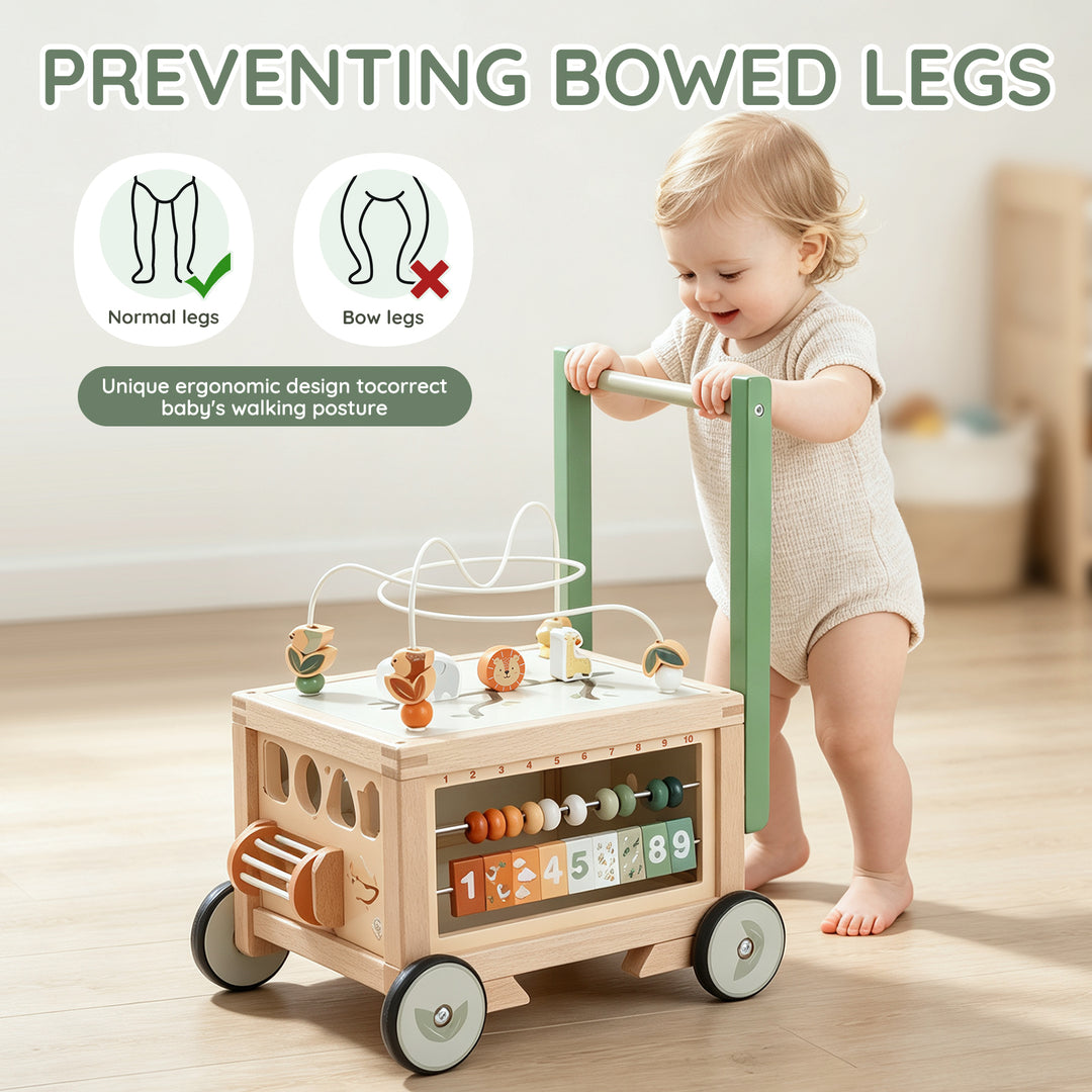 Child playing with a wooden push walker and interactive activities