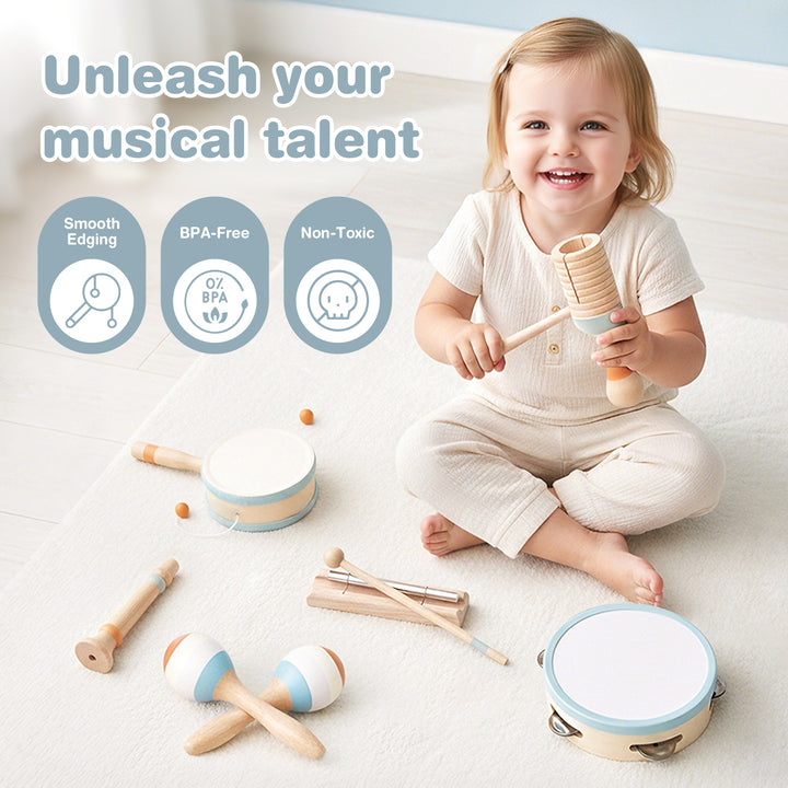 Mother and toddler playing wooden percussion instruments